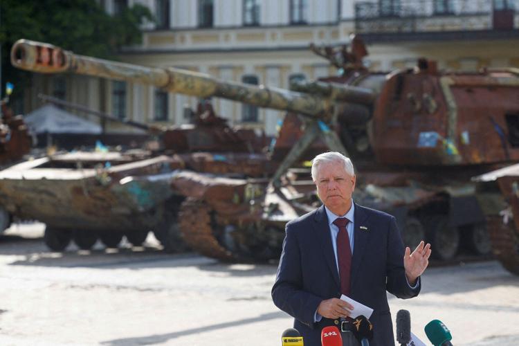FILE PHOTO: U.S. Senator Lindsey Graham (R-SC) speaks to the media in Kyiv