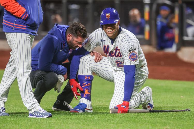 Designated hitter Juan Soto reacts after fouling a ball off of his foot in the New York Mets' May 13 game against the Detroit Tigers at Citi Field. The 27-year-old has a contract running through the 2039 season, the longest active deal in Major League Base