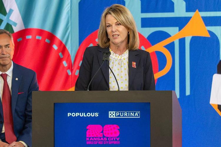 Pam Kramer, CEO of KC2026, speaks during the One Year To Go news conference for the FIFA World Cup at Union Station on June 11, 2025, in Kansas City, Missouri.