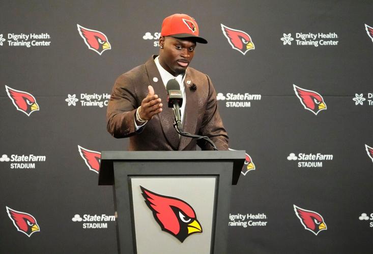 The Arizona Cardinals introduce their first-round draft pickÂ running back Jeremiyah LoveÂ during a news conference at the Cardinals Dignity Health training facility on April 24, 2026, in Tempe, Ariz.