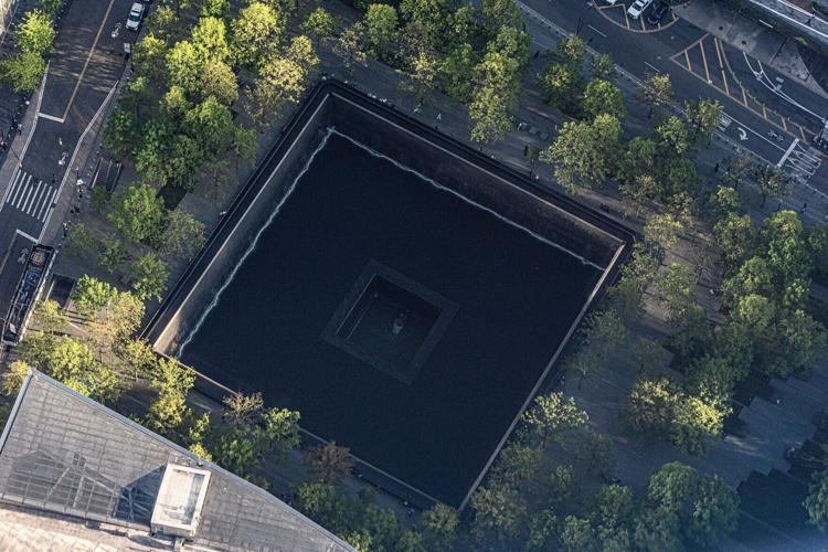 The South Pool of the National September 11 Memorial seen from the One World Observatory on top of One World Trade Center in Manhattan May 5, 2026. The observatory is on the 100 to 102 floors in the World Trade Center. Both pools at the memorial occupy the