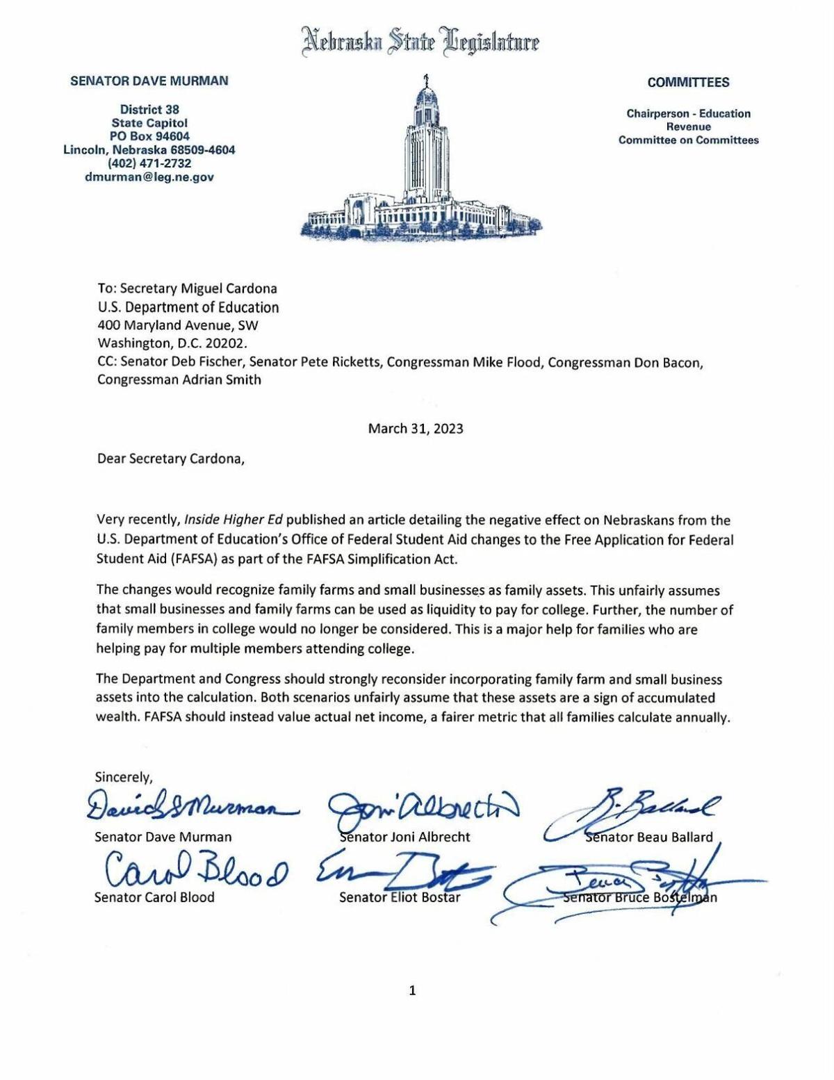 Letter from state senators to the U.S. Department of Education
