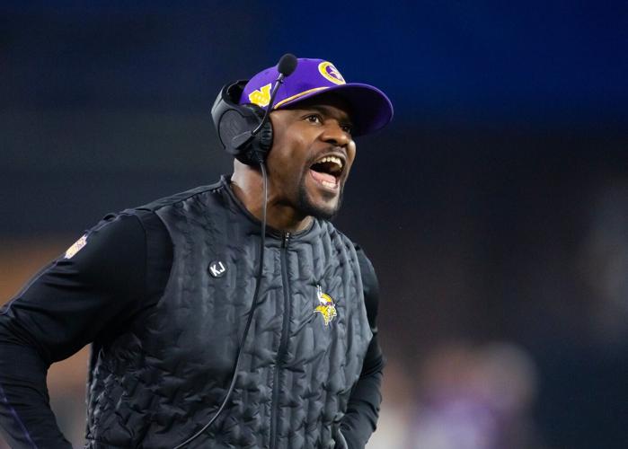 Jan 13, 2025; Glendale, AZ, USA; Minnesota Vikings defensive coordinator Brian Flores against the Los Angeles Rams during an NFC wild card game at State Farm Stadium. Mandatory Credit: Mark J. Rebilas-Imagn Images