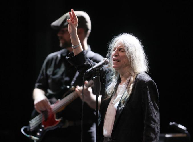 Patti Smith performs with her son and bassist Jackson Smith, left, during the 50th anniversary“ Horses” tour at the Masonic Auditorium in San Francisco on Nov. 13, 2025.