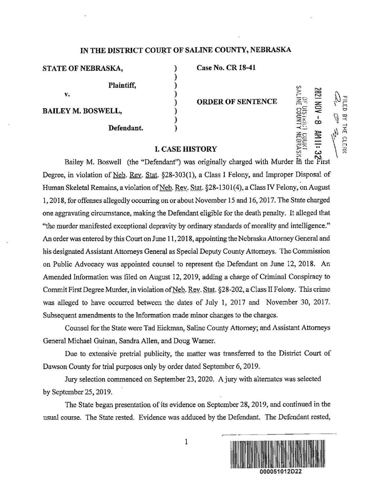 Bailey Boswell sentencing order