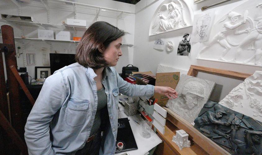 Emily Bedard, art director and lead scupltor for Foster Reeve, and artist behind the Desert Shield and Desert Storm Memorial, in her studio at the Garnerville Arts Center April 2, 2026.