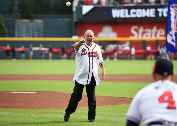 Oct 8, 2018; Atlanta, GA, USA; Bobby Cox throws out the ceremonial first pitch in game four of the 2018 NLDS playoff baseball series at SunTrust Park. Mandatory Credit: Dale Zanine-USA TODAY Sports