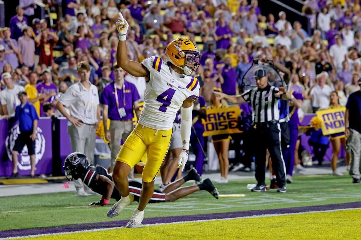 LSU cornerback Mansoor Delane celebrates an incomplete pass against South Carolina at Tiger Stadium on Oct. 11, 2025, in Baton Rouge, Louisiana.