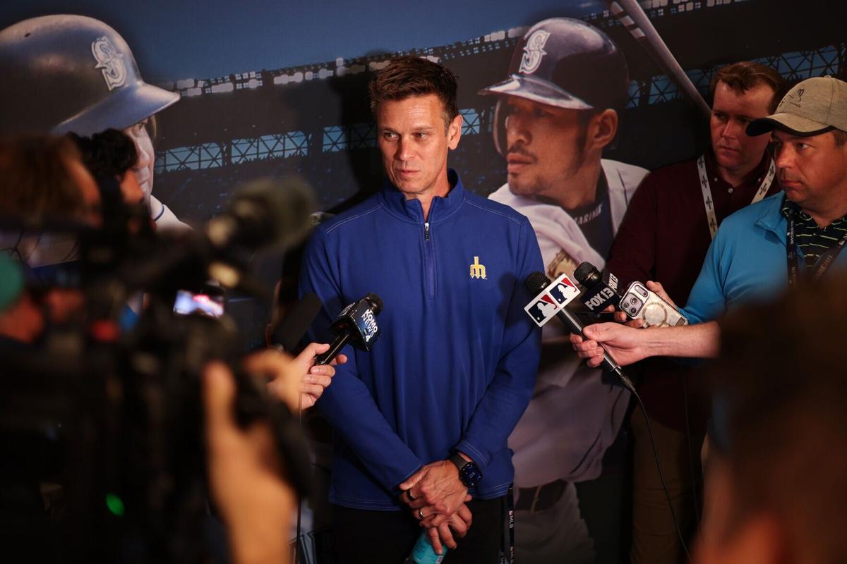 President of Baseball Operations Jerry Dipoto of the Seattle Mariners speaks with media before the game against the Detroit Tigers at T-Mobile Park on Aug. 4, 2026, in Seattle.