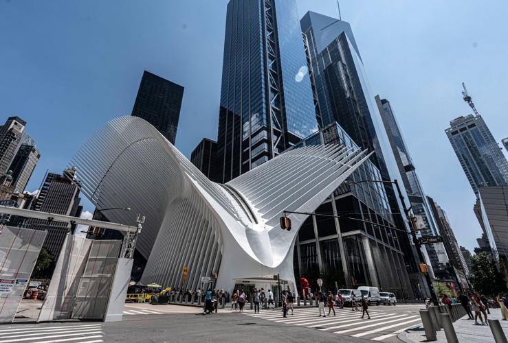 The Oculus, a transit hub and shopping center located at the World Trade Center site, photographed July 31, 2026. Behind the Oculus is One World Trade Center.