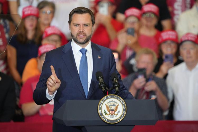 Vice President JD Vance campaigns for Iowa Republican candidates during a midterm rally in Council Bluffs, Friday, September 18,