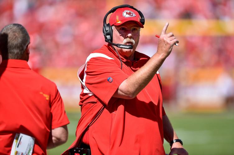 Kansas City Chiefs head coach Andy Reid gestures in the second quarter as the Chiefs trail the Los Angeles Chargers 14-0 at GEHA Field at Arrowhead Stadium, Sunday, September 26, 2021 in Kansas City, Missouri.