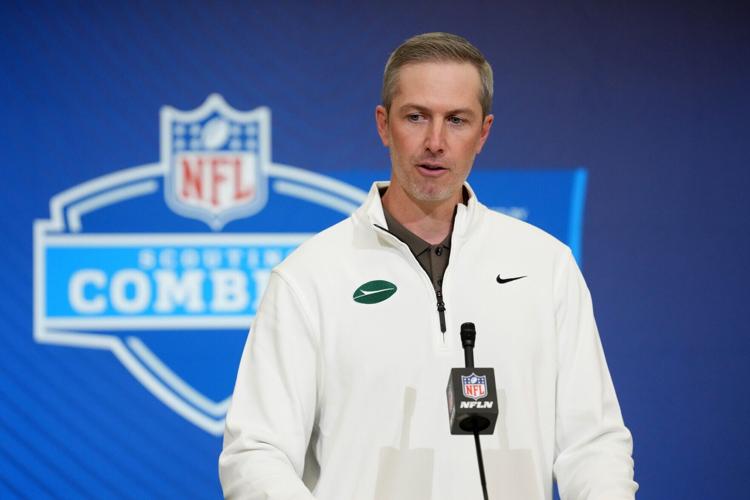 New York Jets general manager Darren Mougey speaks at the NFL Scouting Combine on Feb. 24 at the Indiana Convention Center.