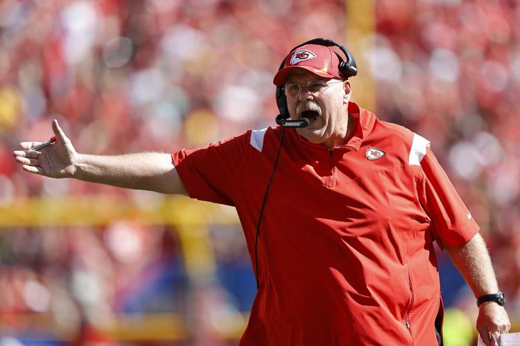 Head coach Andy Reid of the Kansas City Chiefs on the sidelines against the Los Angeles Chargers at Arrowhead Stadium on September 26, 2021 in Kansas City, Missouri.