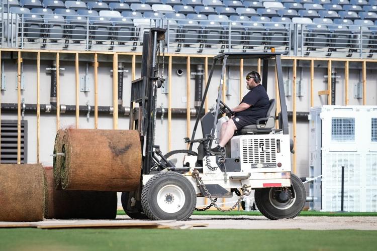 A worker transports sod