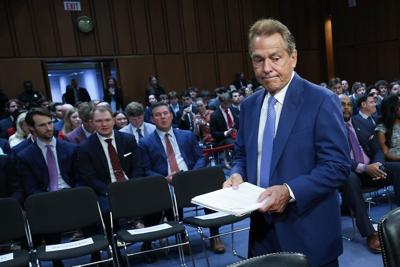 Nick Saban, former head football coach at the University of Alabama, arrives for testimony before the Senate Committee on Commerce, Science, and Transportation in the Hart Senate Office Building on June 3, 2026, in Washington, D.C..