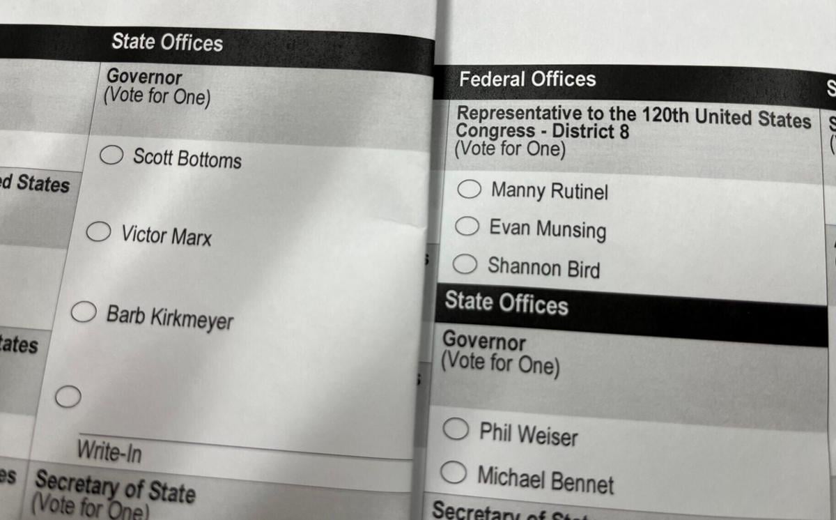 Sample primary election ballots for 2026 show the names of the candidates for Colorado governor and the 8th Congressional