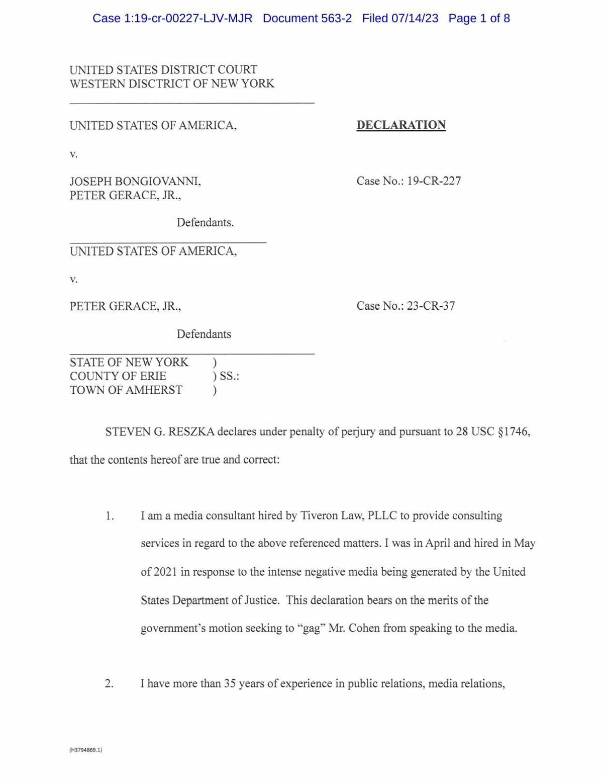 Steven Reszka court filing on Peter Gerace case media coverage
