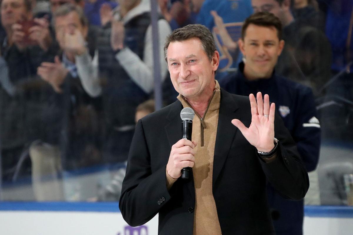 Wayne Gretzky addresses fans prior to the NHL All-Star Skills Competition at Enterprise Center on January 24, 2020 in St. Louis.
