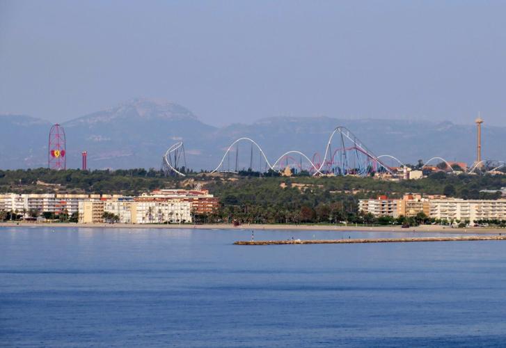Costa Dorada: The rollercoasters at Port Aventura theme park and the adjoining Ferrari Land near Tarragona can be seen from a great distance.
