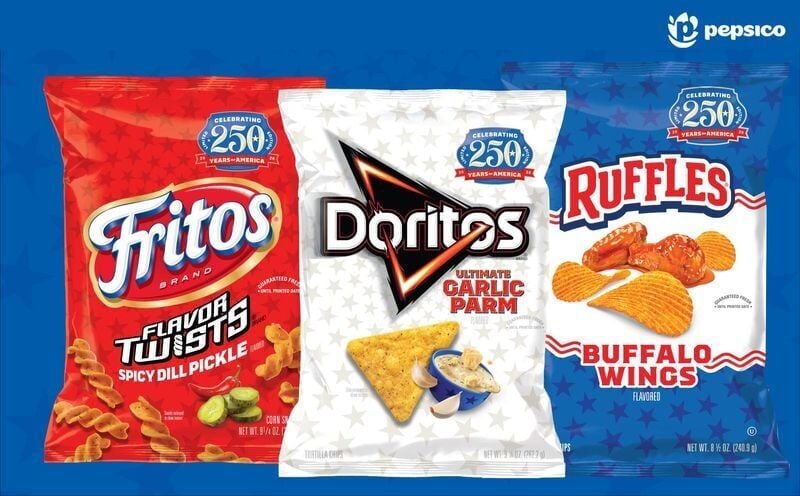 Many of Frito-Lay's snacks including Doritos Ultimate Garlic Parm, Fritos Flavor Twists Spicy Dill Pickle, and Ruffles Buffalo Wings have America’s 250th birthday packaging.