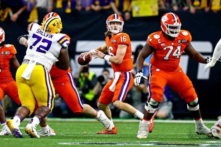 Clemson quarterback Trevor Lawrence (16) throws a pass against the LSU during the 2020 College Football Playoff national championship game at Mercedes-Benz Superdome.