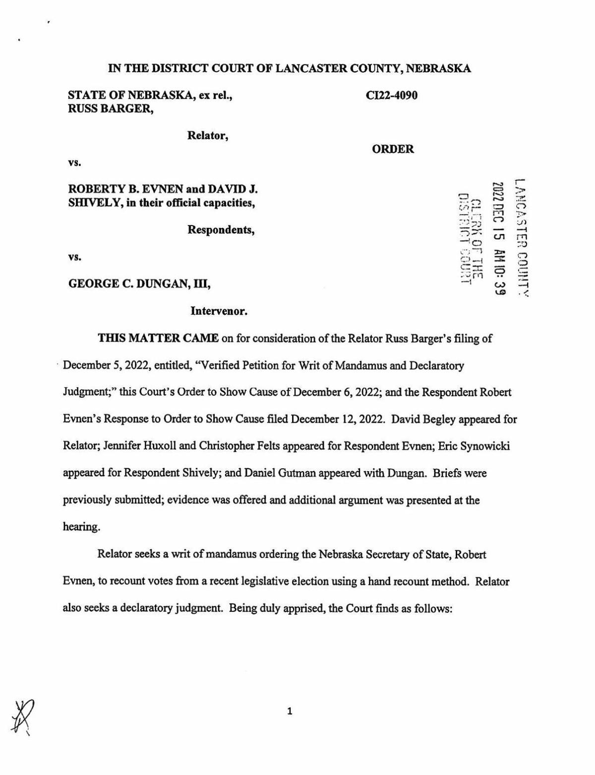 Judge Kevin McManaman's order in Barger v. Evnen