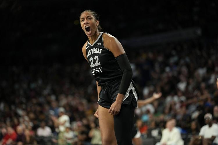 Las Vegas Aces center A'ja Wilson (22) reacts after scoring against the Indiana Fever during the third quarter of a WNBA basketball game on July 12, 2026, at Michelob Ultra Arena in Las Vegas.