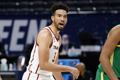 USC's Isaiah Mobley reacts to a call in the second half of their Sweet Sixteen round game against Oregon in the NCAA Tournament at Bankers Life Fieldhouse on March 28, 2021 in Indianapolis.