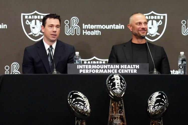 Feb 10, 2026; Henderson, NV, USA; Las Vegas Raiders coach Klint Kubiak (left) and general manager John Spytek at introductory press conference at Intermountain Health Performance Center. Mandatory Credit: Kirby Lee-Imagn Images