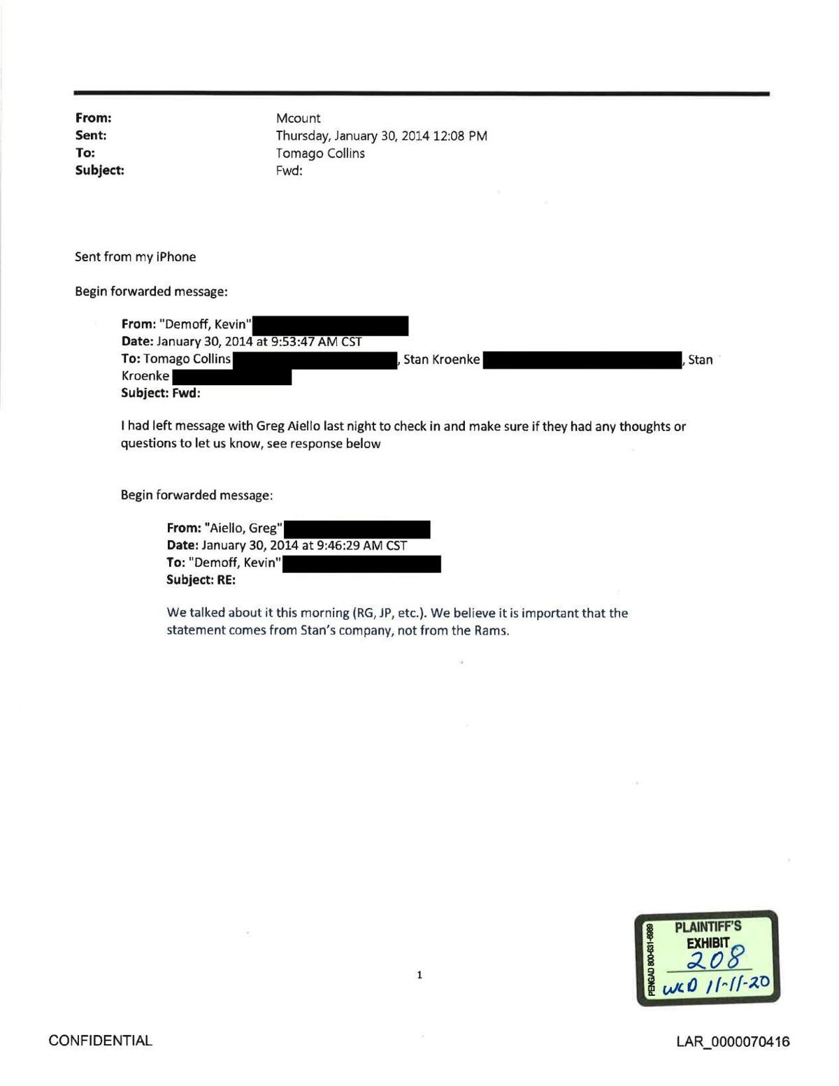 Emails between Kevin Demoff and Greg Aiello, Kevin Demoff and Stan Kroenke and Tomago Collins