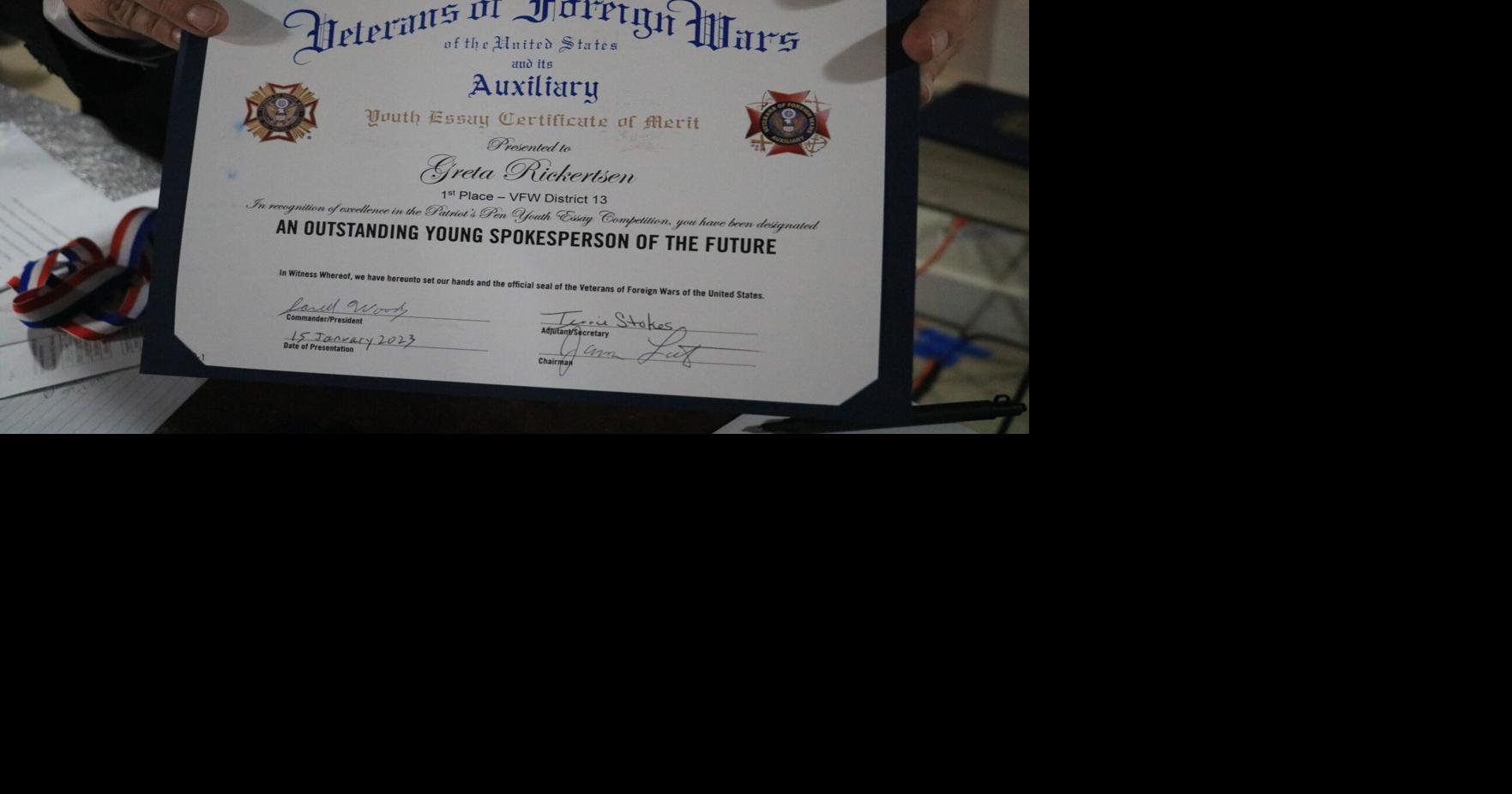 Lexington student earns first place in VFW District 13 essay contest