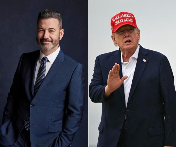 Jimmy Kimmel, left, is campaigning for an Emmy with a montage of Donald Trump calling for his show to be canceled.