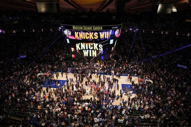 Players and fans at Madison Square Garden erupt as the Knicks complete the biggest comeback in NBA Finals history in Game 4 against the San Antonio Spurs on June 10, 2026.