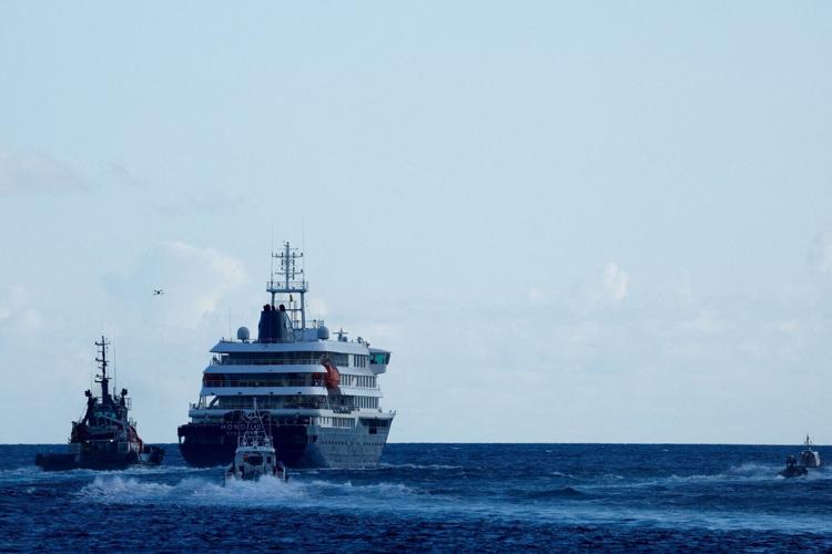 FILE PHOTO: The cruise ship MV Hondius, affected by a hantavirus outbreak, near the port of Granadilla de Abona, Tenerife
