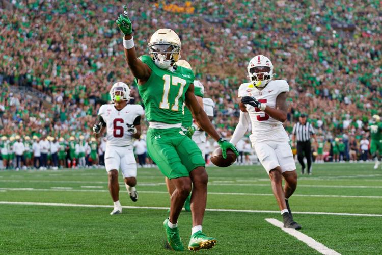 Notre Dame wide receiver Elijah Burress (17) celebrates after scoring a touchdown against Stanford at Notre Dame Stadium on Saturday, Oct. 10, 2026, in South Bend, Ind.
