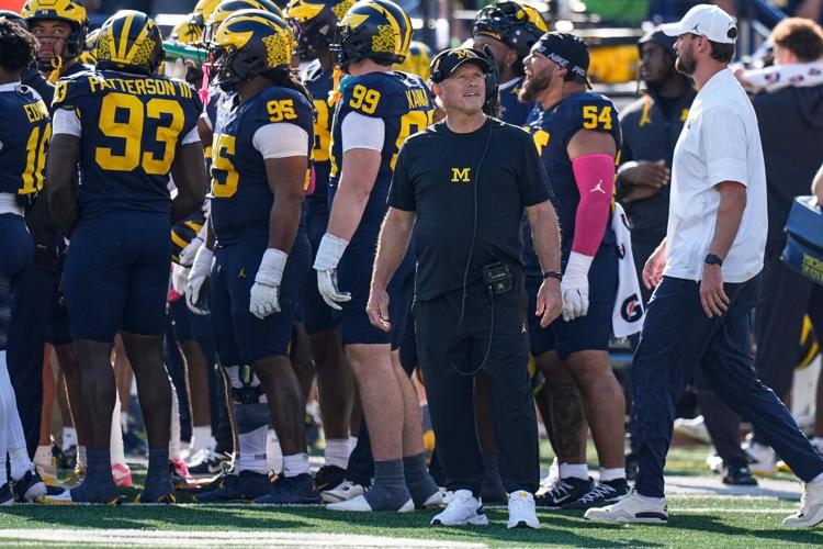 Michigan head coach Kyle Whittingham watches a replay against Indiana during the second half at Michigan Stadium in Ann Arbor on Saturday, Oct. 24, 2026.