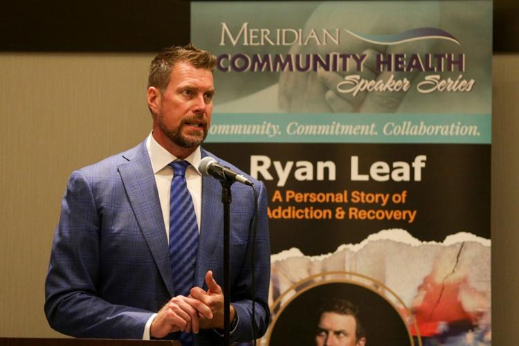 Ryan Leaf, former NFL quarterback, speaks during a Meridian Community Health speaker series event, Wednesday, Oct. 20, 2021 in Lafayette. Ryan Leaf Speaks At Meridian Health Event.