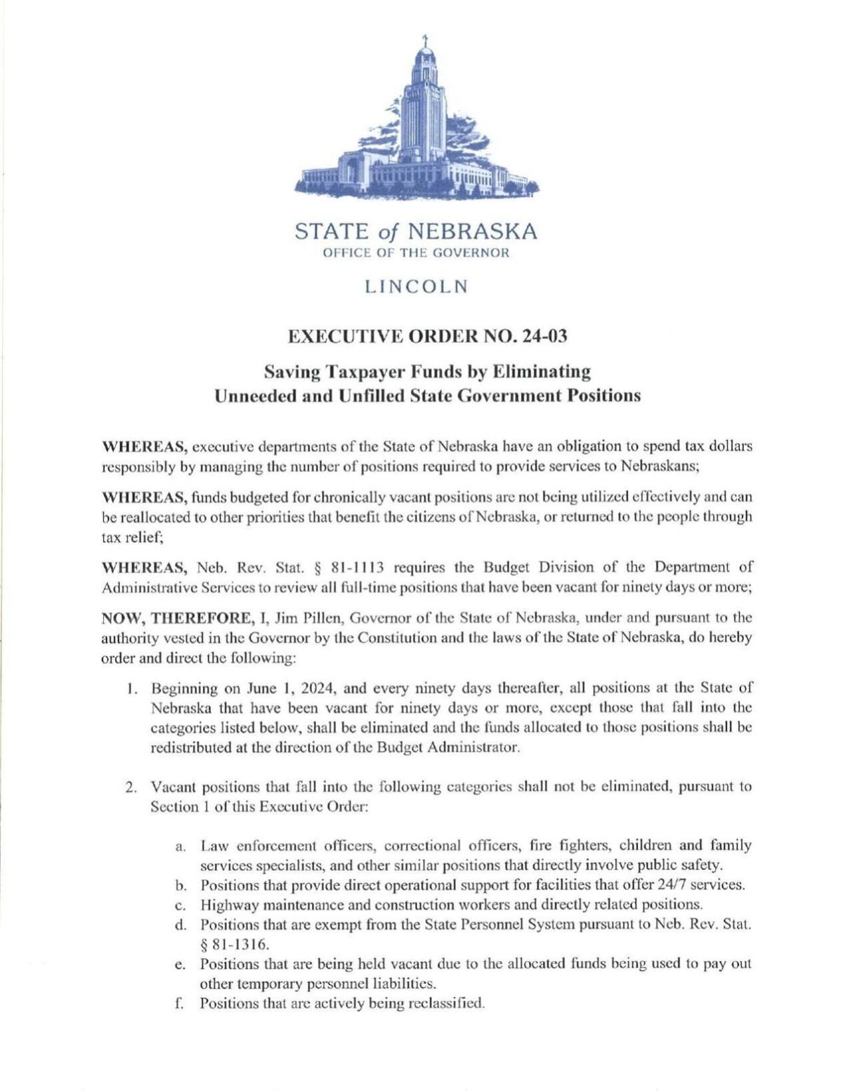 Pillen executive order to eliminate unfilled positions