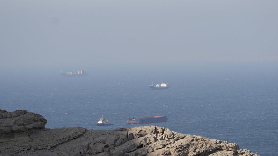 Ships and tankers in the Strait of Hormuz off the coast of Musandam