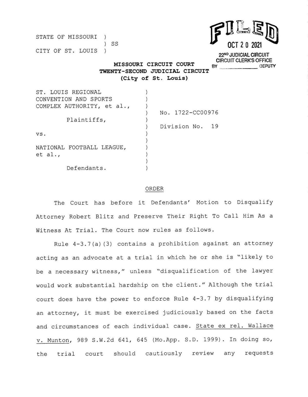Judge's order disqualifying lawyer Robert Blitz from lawsuit against NFL and Rams