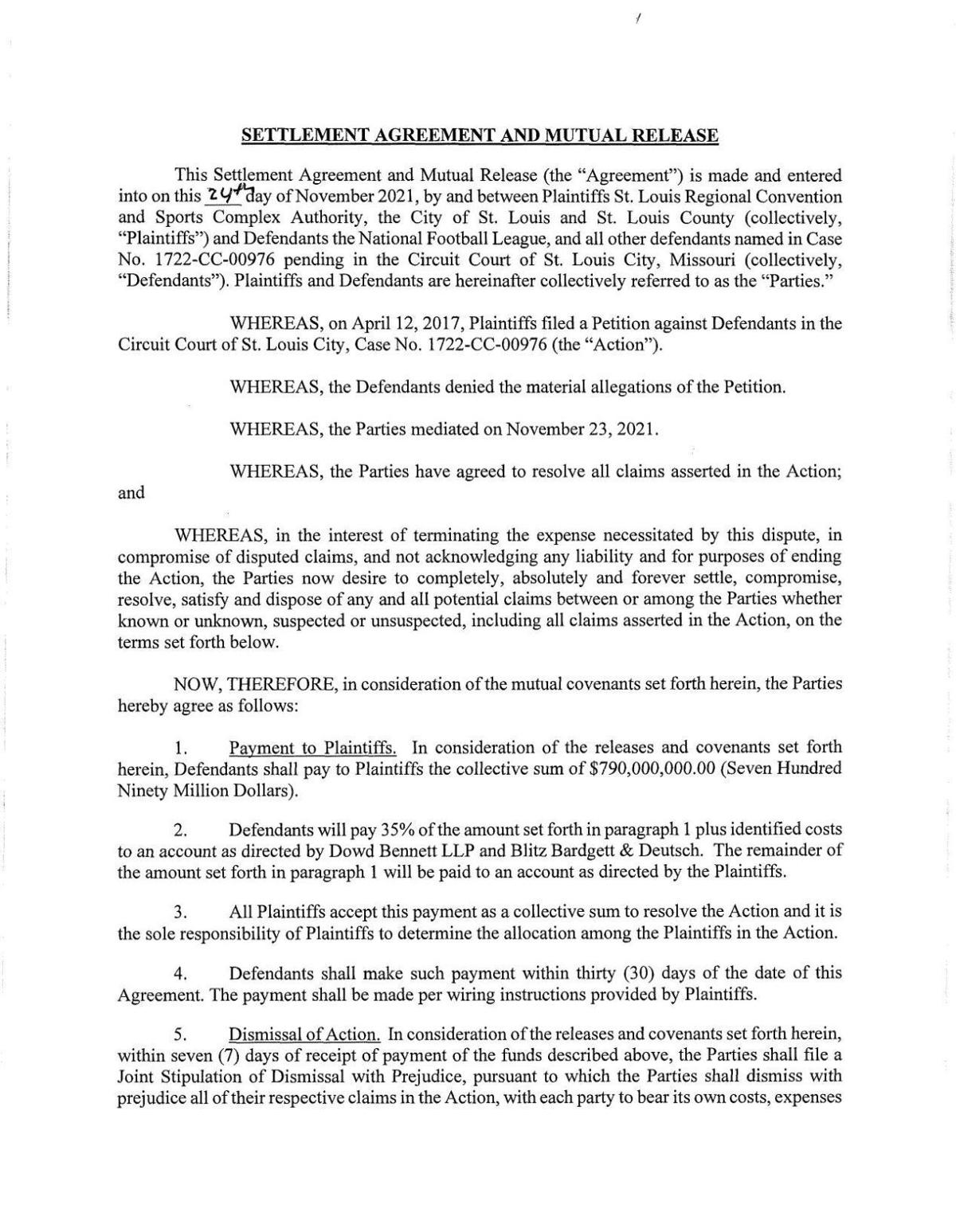 Signed settlement in 2017 Rams relocation lawsuit