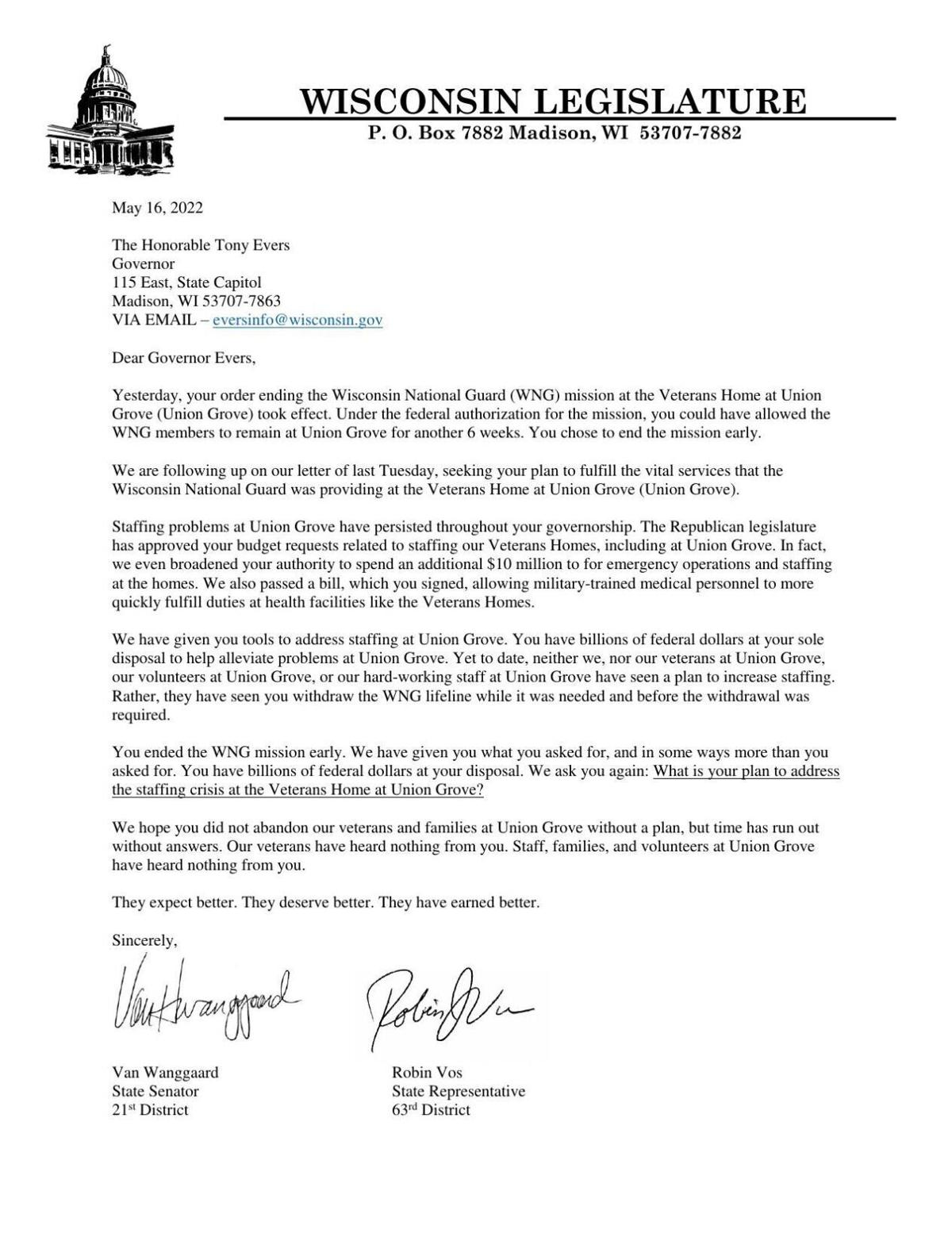 CLICK HERE TO READ: Wanggaard-Vos follow-up letter to Gov. Evers regarding Wisconsin National Guard at Veterans Home at Union Grove