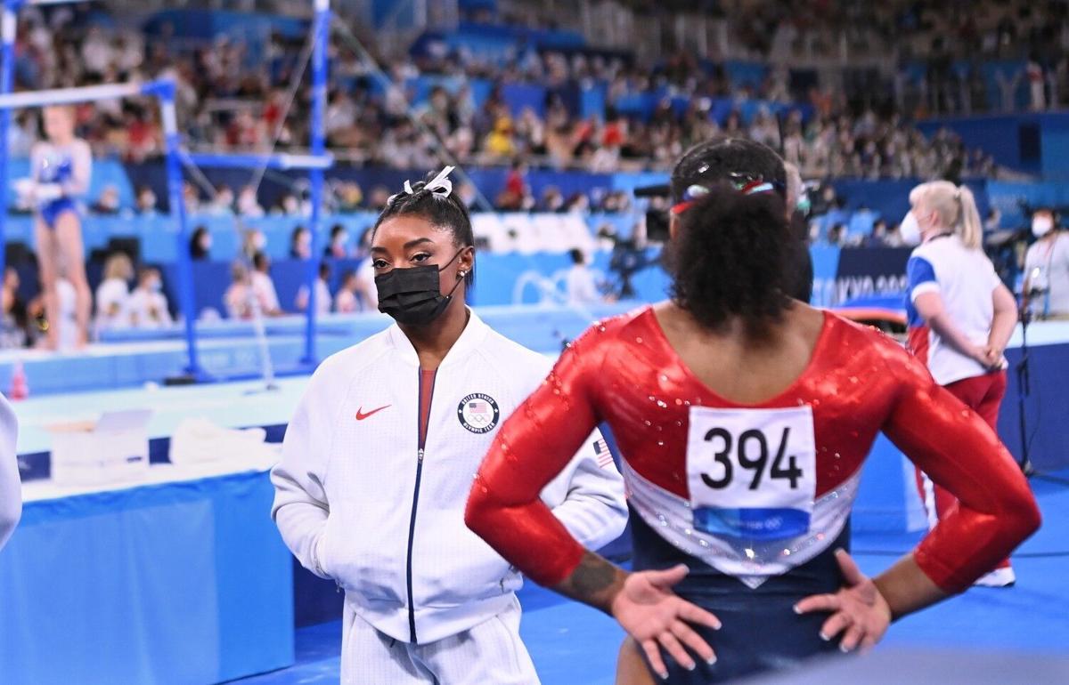 -TOKYO, JAPAN July 26, 2021: USA's Simone Biles looks on after pulling out of the women's team final at the 2020 Tokyo Olympics.