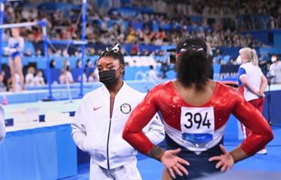 -TOKYO, JAPAN July 26, 2021: USA's Simone Biles looks on after pulling out of the women's team final at the 2020 Tokyo Olympics.