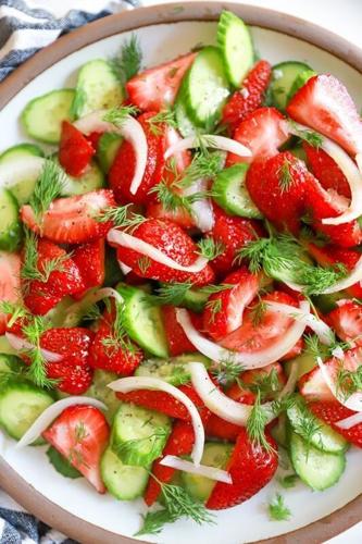 Strawberry-Cucumber salad has tons of flavor, fresh herbs, and no dressing to contend with.