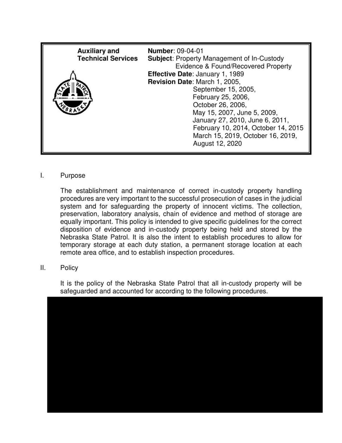 Nebraska State Patrol response to Journal Star request for property evidence policy
