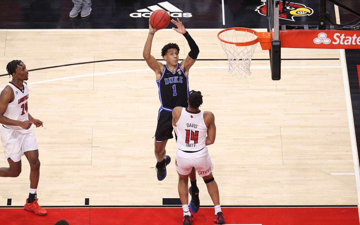 Jalen Johnson of the Duke Blue Devils shoots the ball against the Louisville Cardinals at KFC YUM!