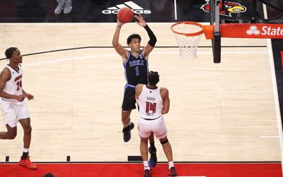Jalen Johnson of the Duke Blue Devils shoots the ball against the Louisville Cardinals at KFC YUM!