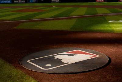 A general view of the MLB logo before the start of a game between the Cincinnati Reds and Arizona Diamondbacks at Chase Field.